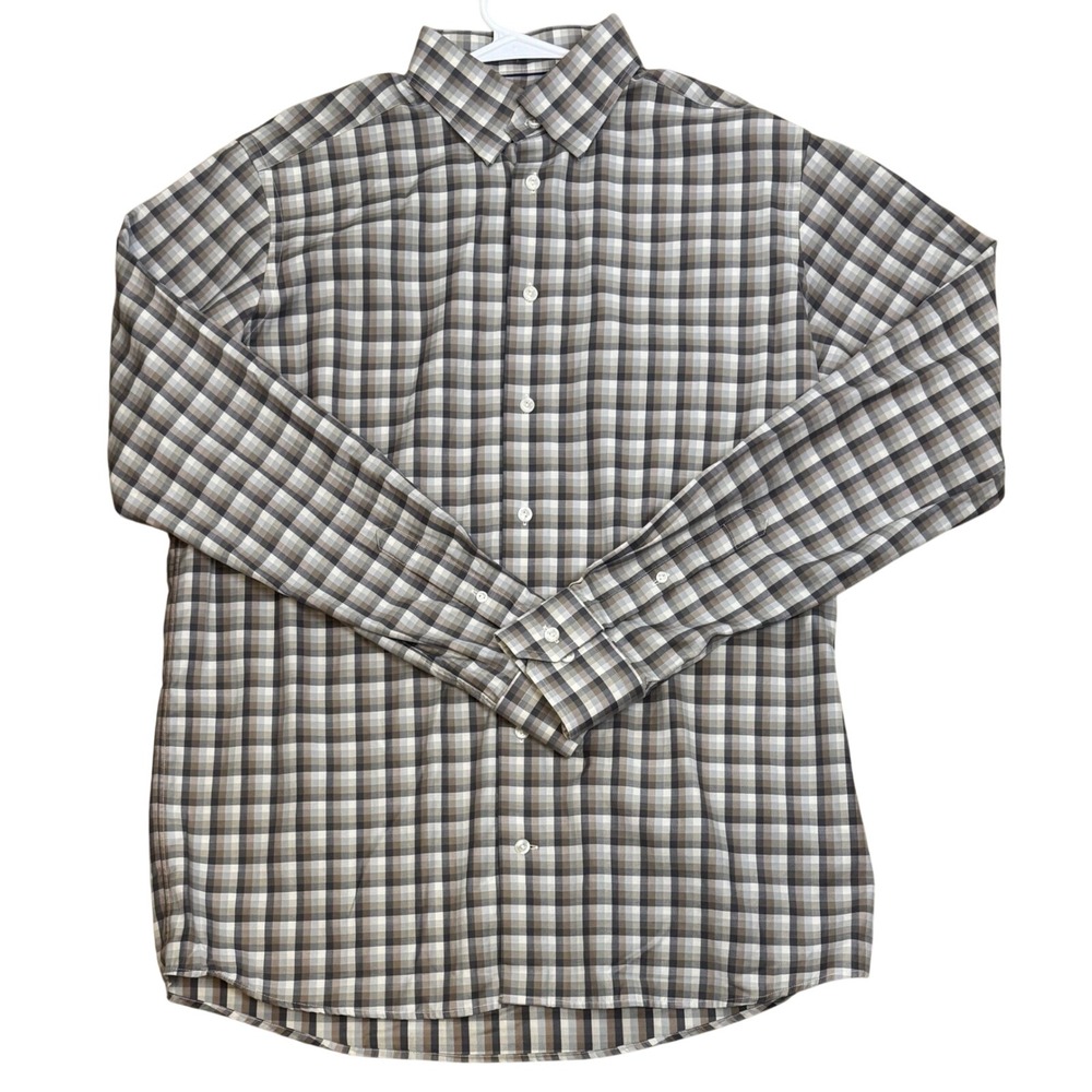 Eton Dress Shirt L 16 Grey Brown Check Contemporary Fit Long Sleeve Mens